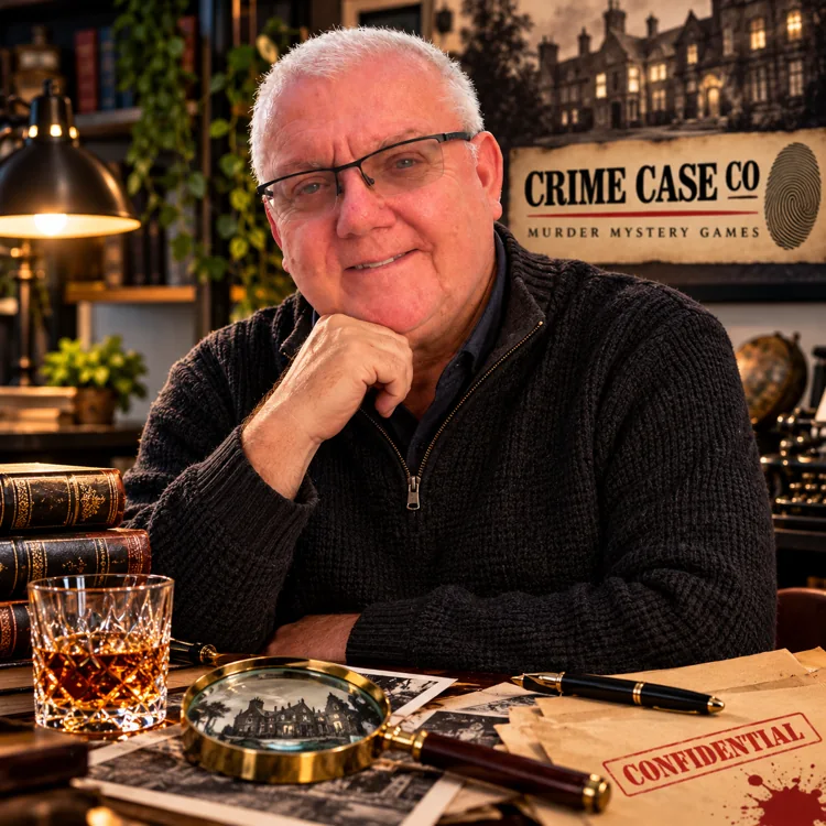 Crime Case Co. mystery creator in a vintage detective study